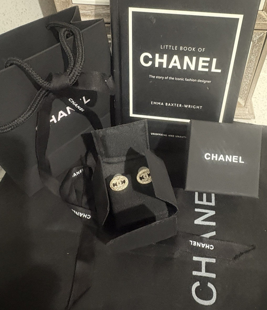 Chanel 2023 k collection CC lightGold &Zirconia Stud earrings with packaging.