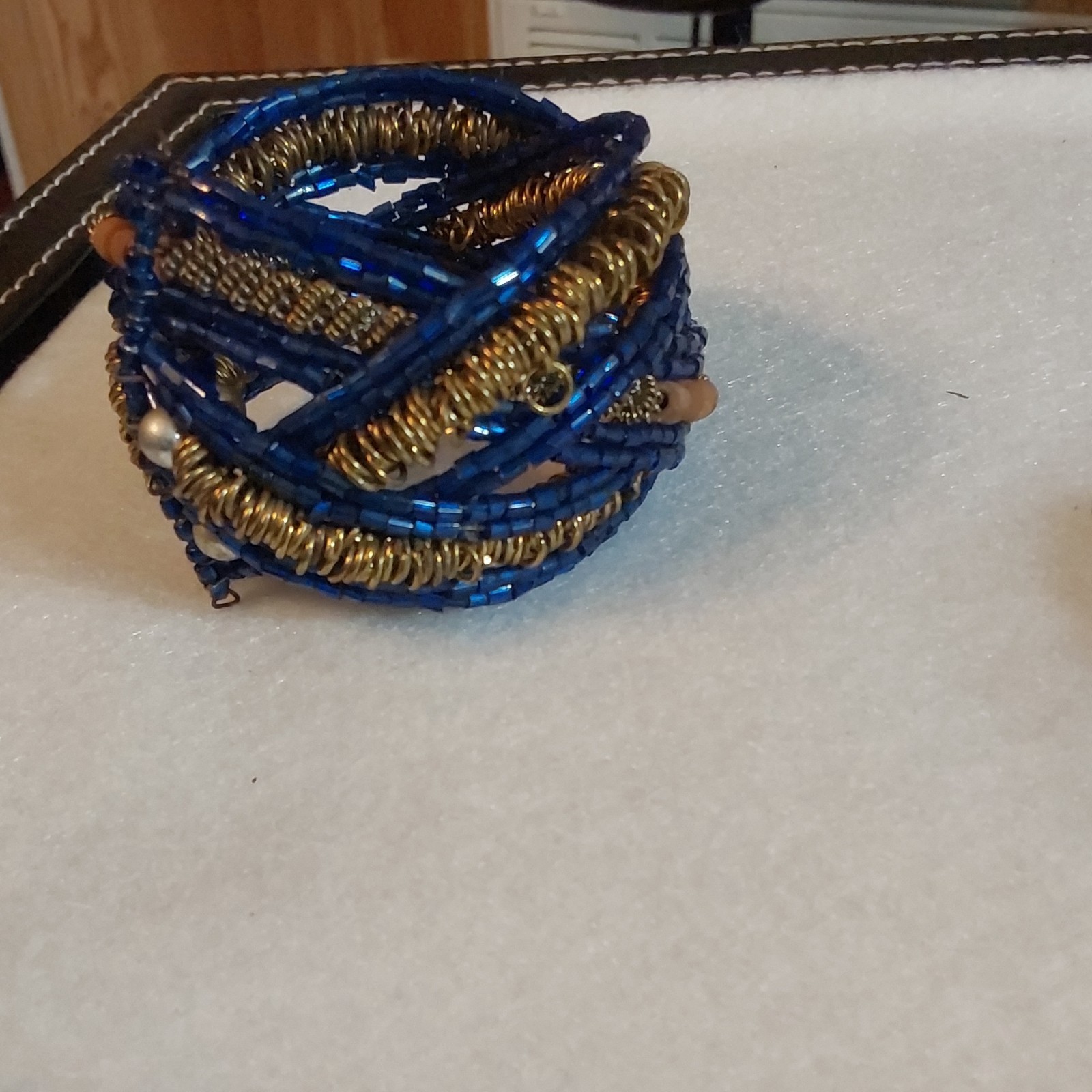 Blue Gold Tone Glass Beaded Wrap Bracelet Slip-On Metal Wire Accents