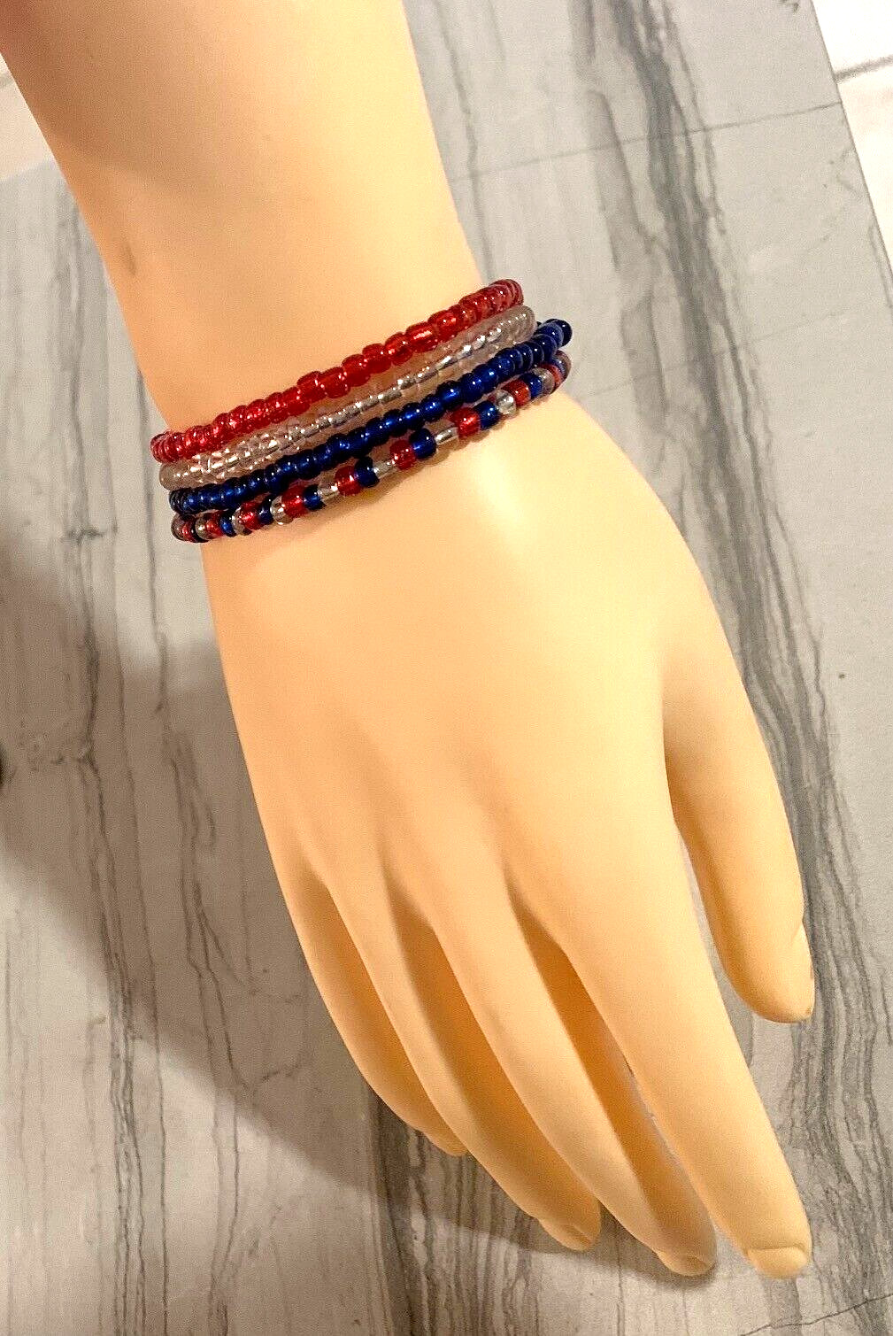 4th of July Patriotic Glass Seed Bead Stretch Bracelet Set of 4 Red White & Blue