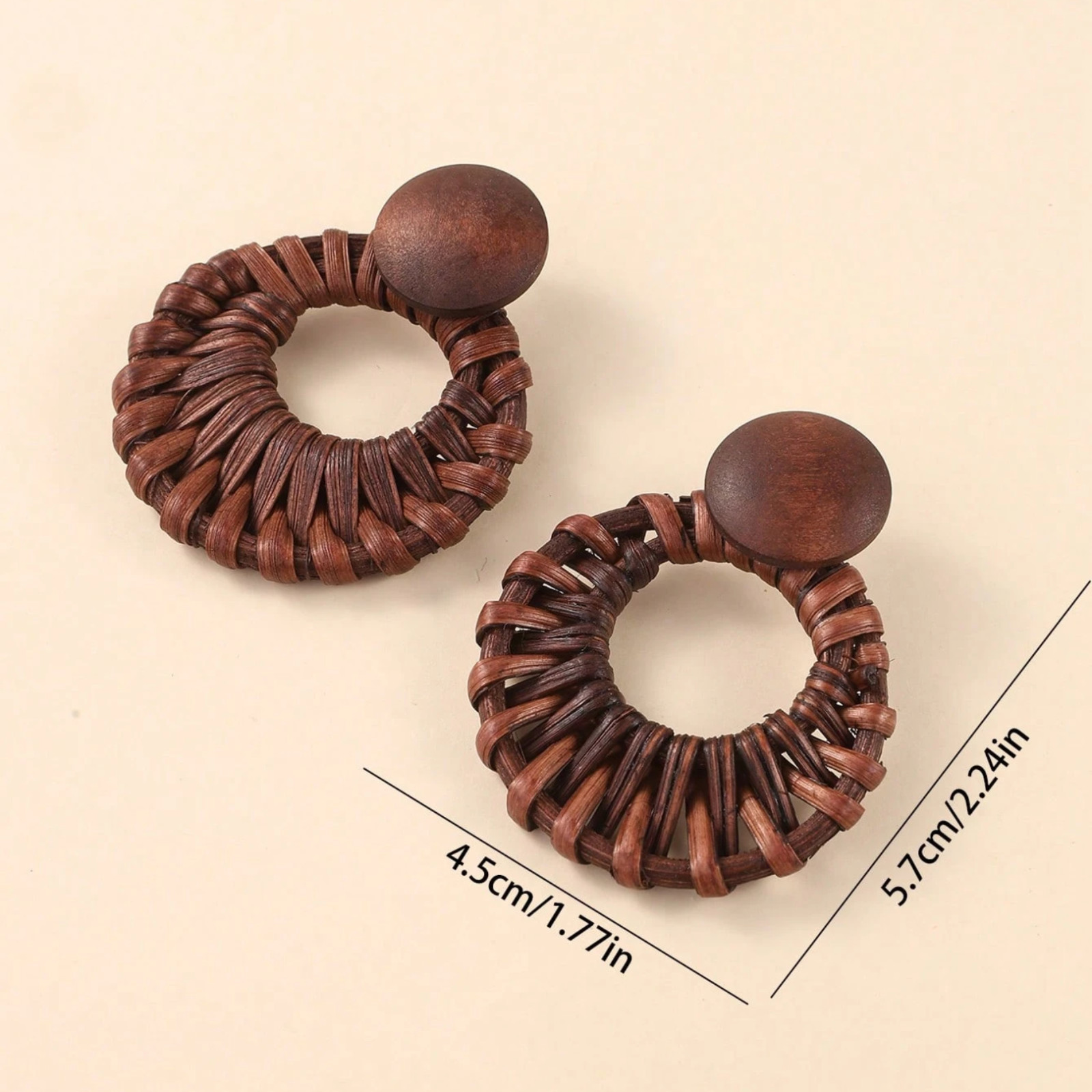 Handmade Earrings Woven Rattan Hollow Circle & Natural Wood Design Ear Studs
