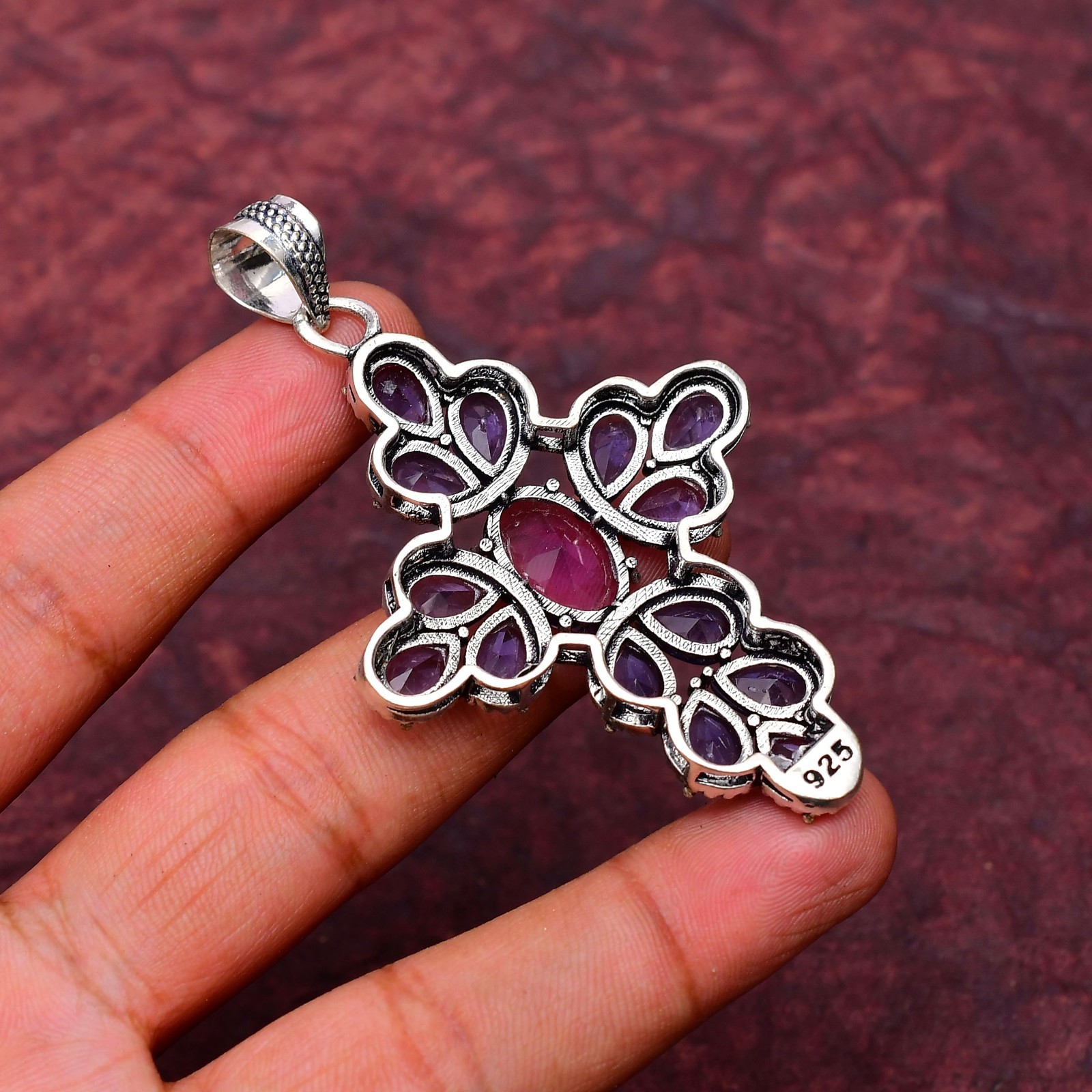 Amethyst Gemstone 925 sterling silver Handmade Cross Pendant jewelry 2.75″