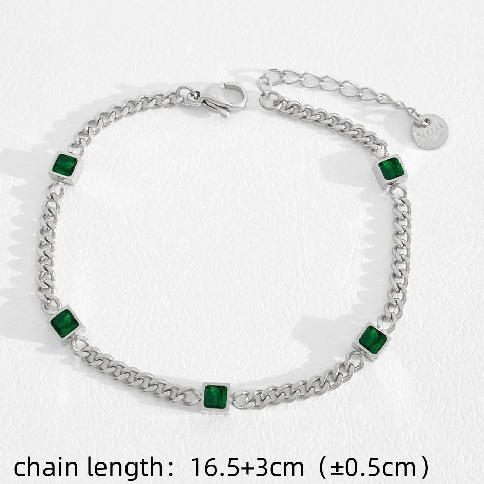 Curb Link Chain Bracelet 5 Green Square Stones Lobster Clasp Adjustable 16.5+3cm
