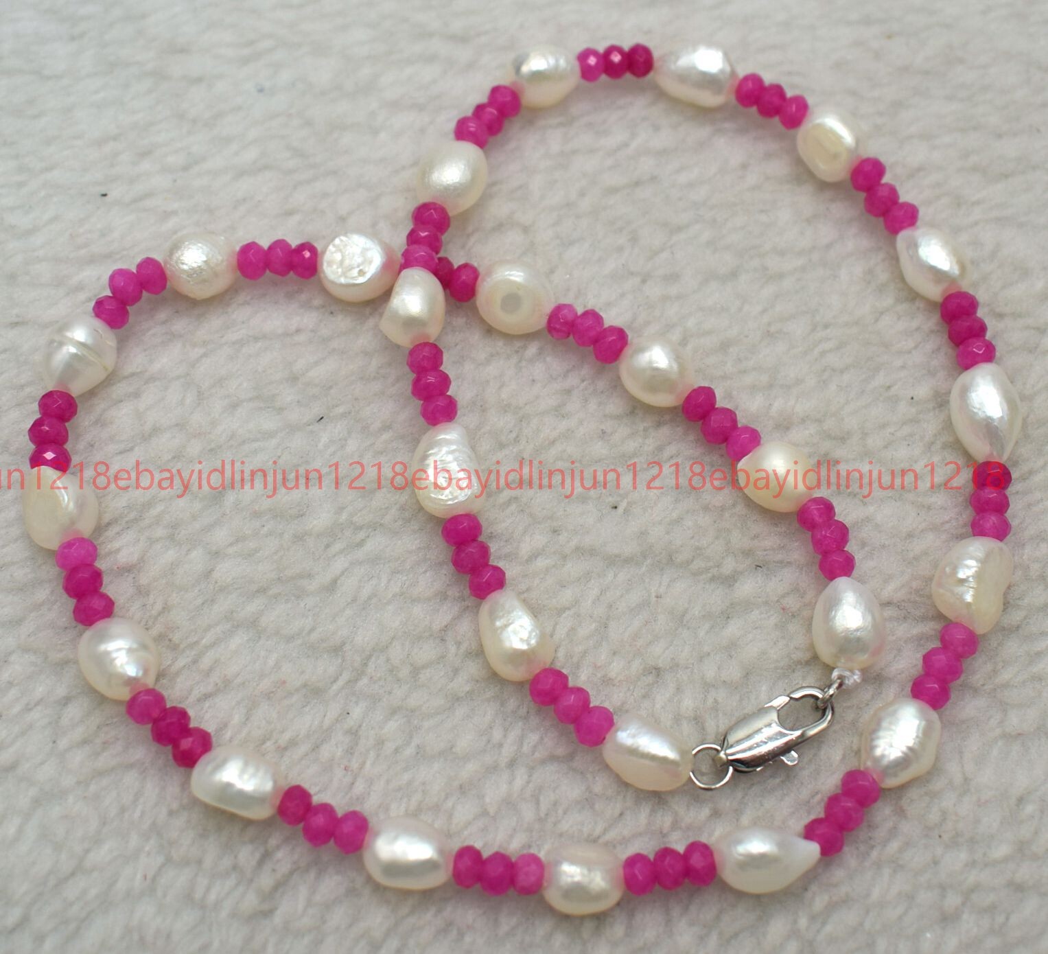 7-8mm White Freshwater Baroque Pearl 2x4mm Rose Red Jade Beads Necklaces 18”