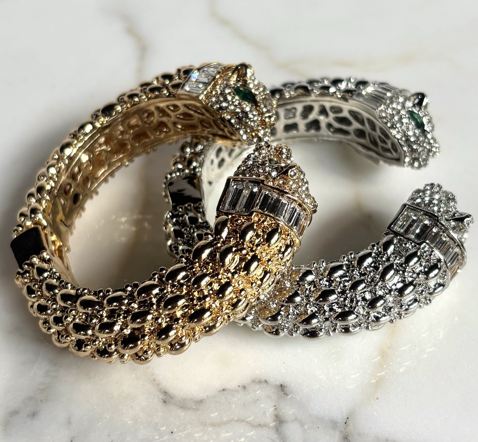 PANTHER FELINE SET /2 CRYSTALS HINGED CUFF BRACELET SILVER GOLD TONE BAGUETTES