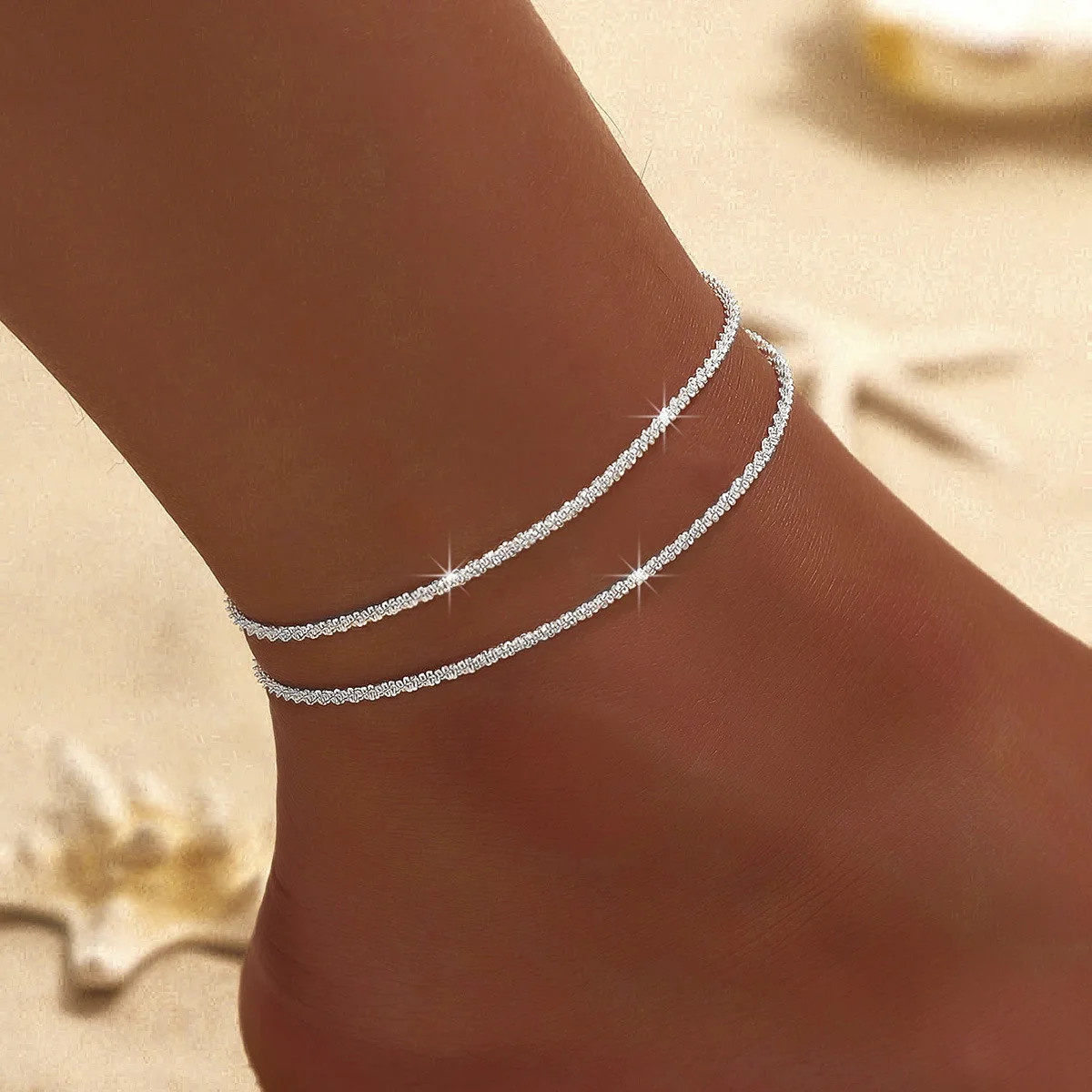 LATS Shiny Sparkling Simple Anklet for Women Gold Silver Color Elegant Jewelry F