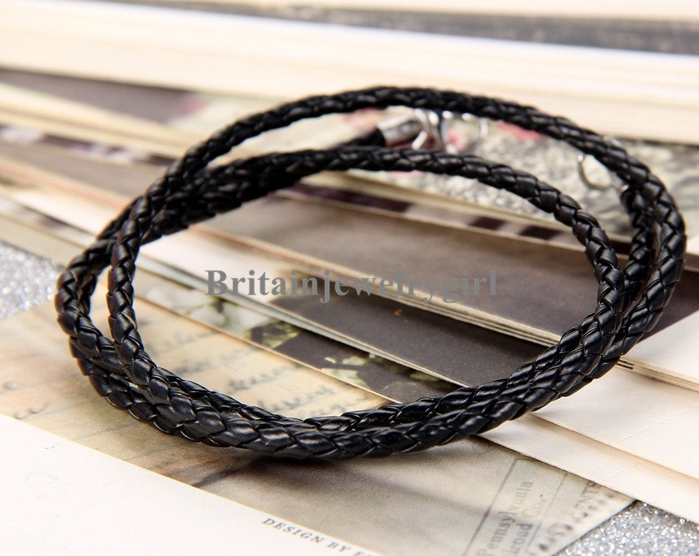 22″ Unisex Black Leather Twisted Braided Rope Cord Necklace for Men Women*2MM