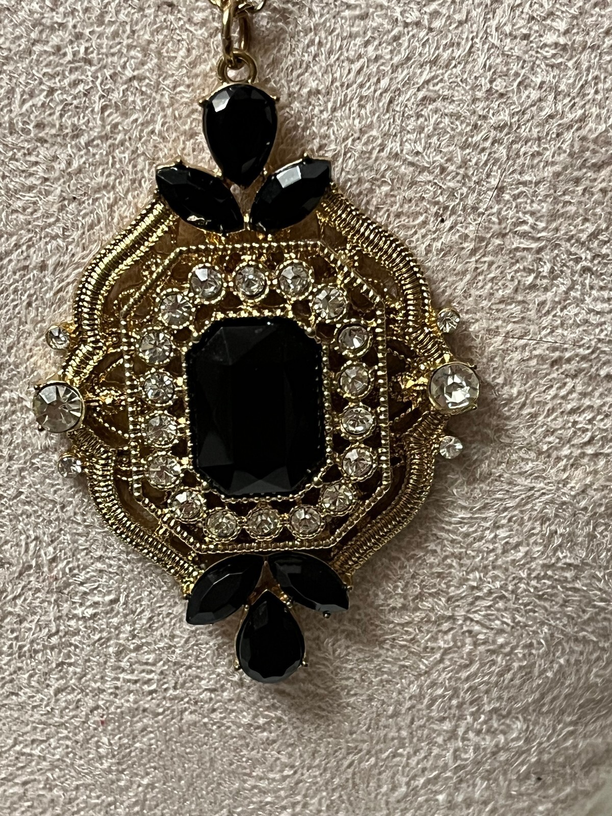 Vintage Style Gold Tone Necklace with Black and Clear Rhinestones Pendant