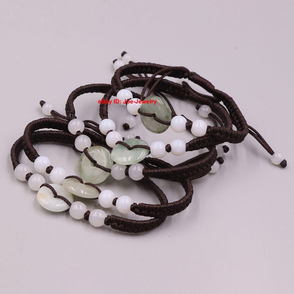 5pcs Natural Jade Round Circle Bead Black Knitted Bracelet Adjustable 15-16.5cm