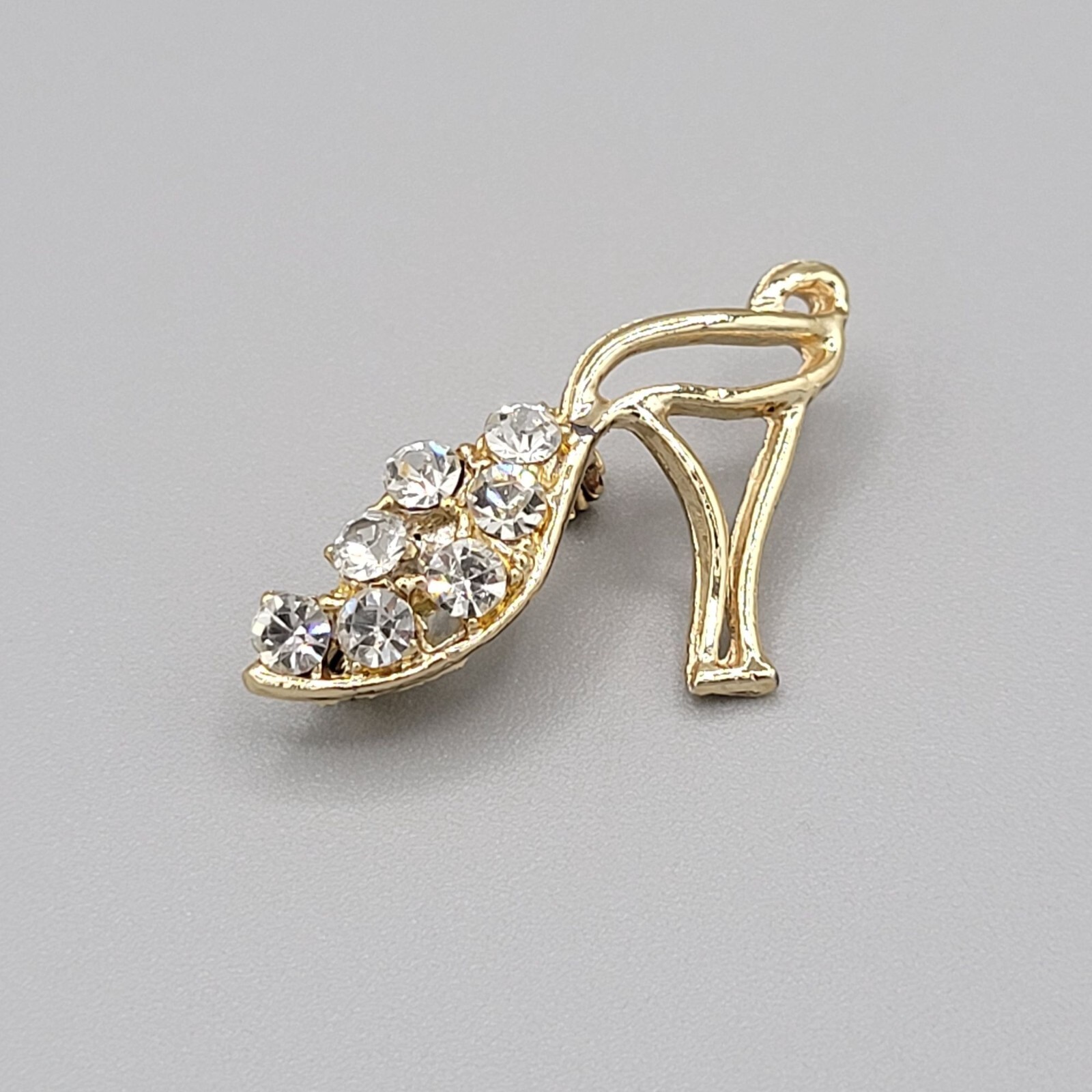 Gold Tone White Rhinestones High Heel Shoe Brooch Pin Open Work Small Size