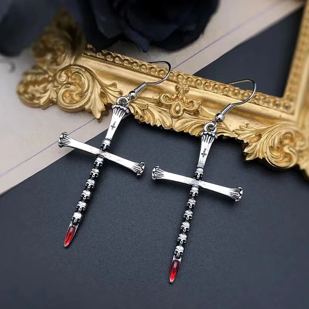 Dangle Drop Earrings Cross 2.76 in Antique Silver Religious Halloween E120