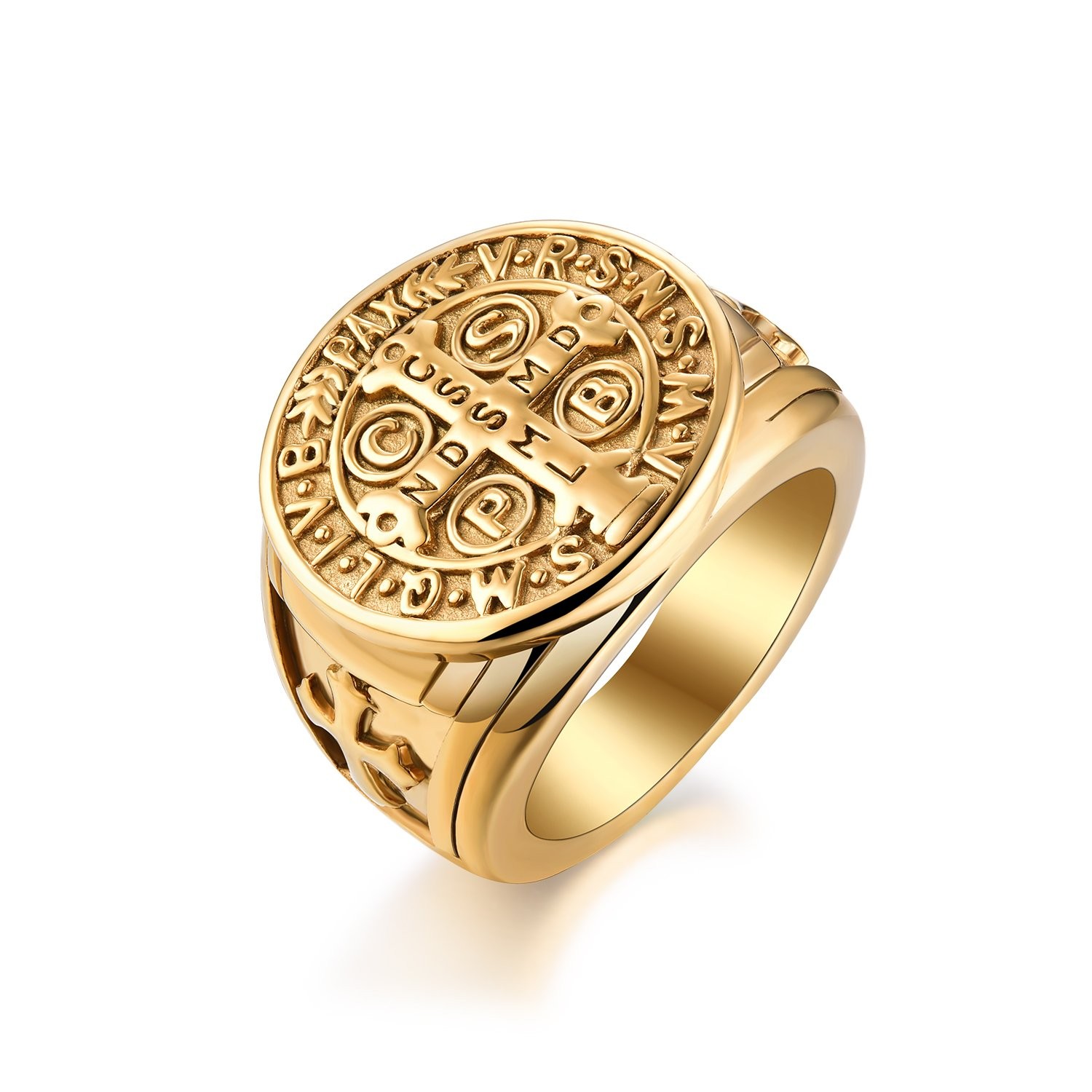 Mens Stainless Steel St Benedict Exorcism Ring Band Demon Protection CSBP Signet
