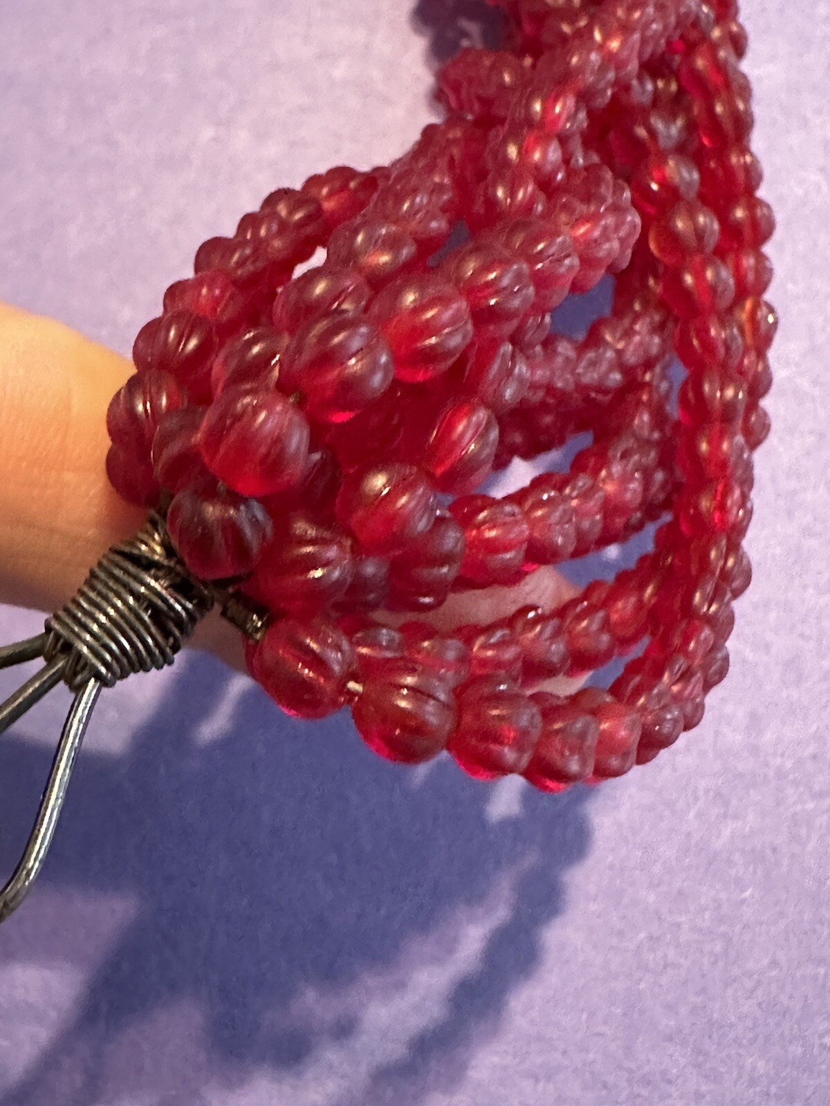 Necklace Red Multi strand Textured Bead Heart Clasp Statement 16″ Stunning Vtg