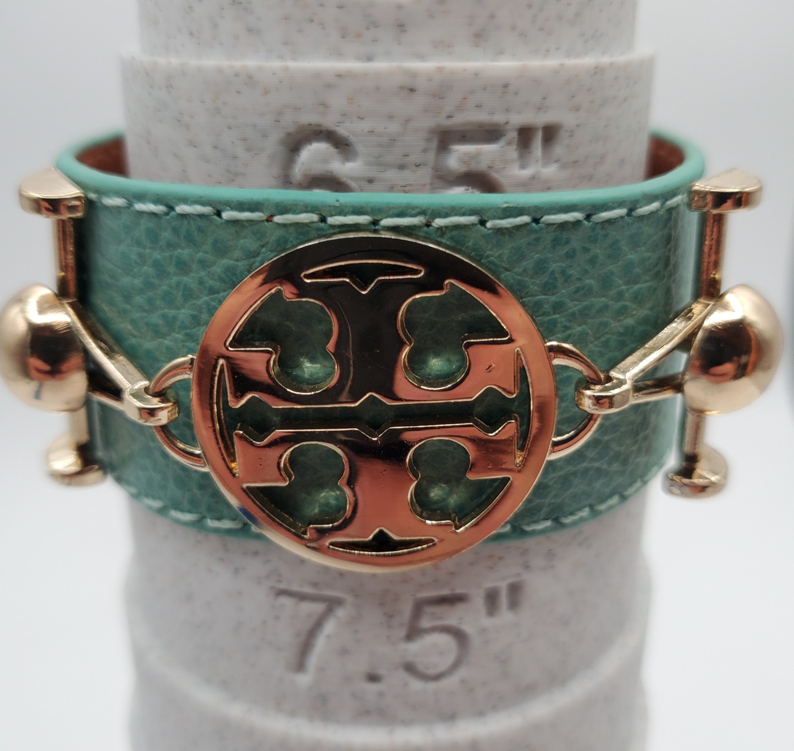 TT Monogram Wrap Bracelet 1in Wide Mint Green Pebble Leather Gold Tone Hardware