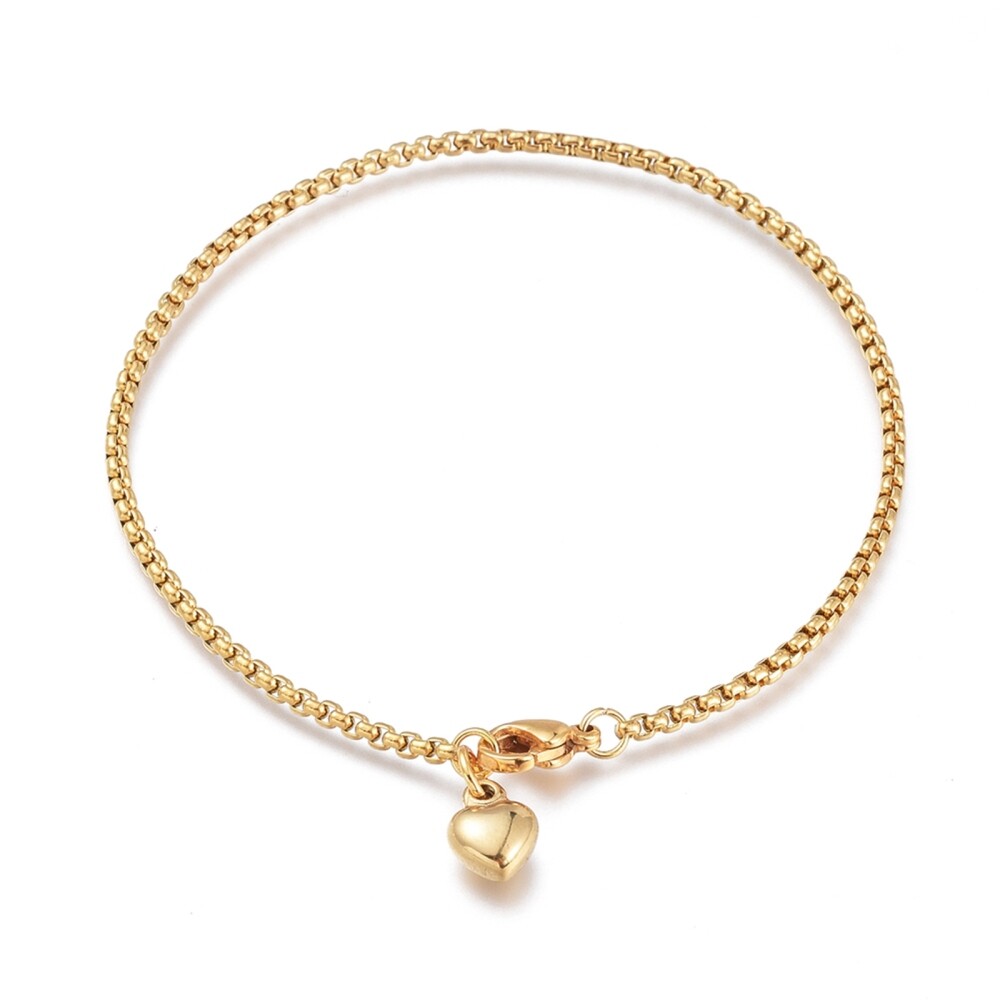 Stainless Steel Charm Bracelet Box Lobster Heart Gold 8.2″ 21cm 2mm Z217