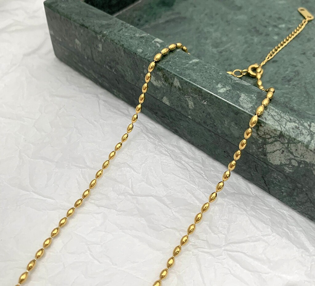Gold Plated Titanium Stainless Steel Oval Bead Chain Choker Necklace 13.2-15″