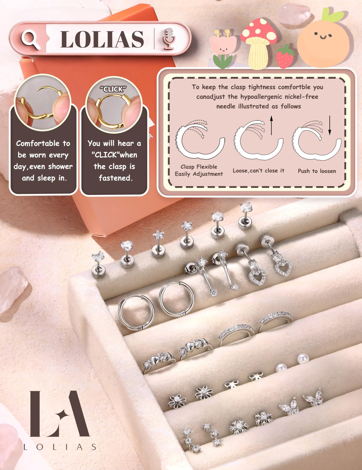 LOLIAS Hypoallergenic Flat Back Earrings for 10 millimeters, Silver+White CZ