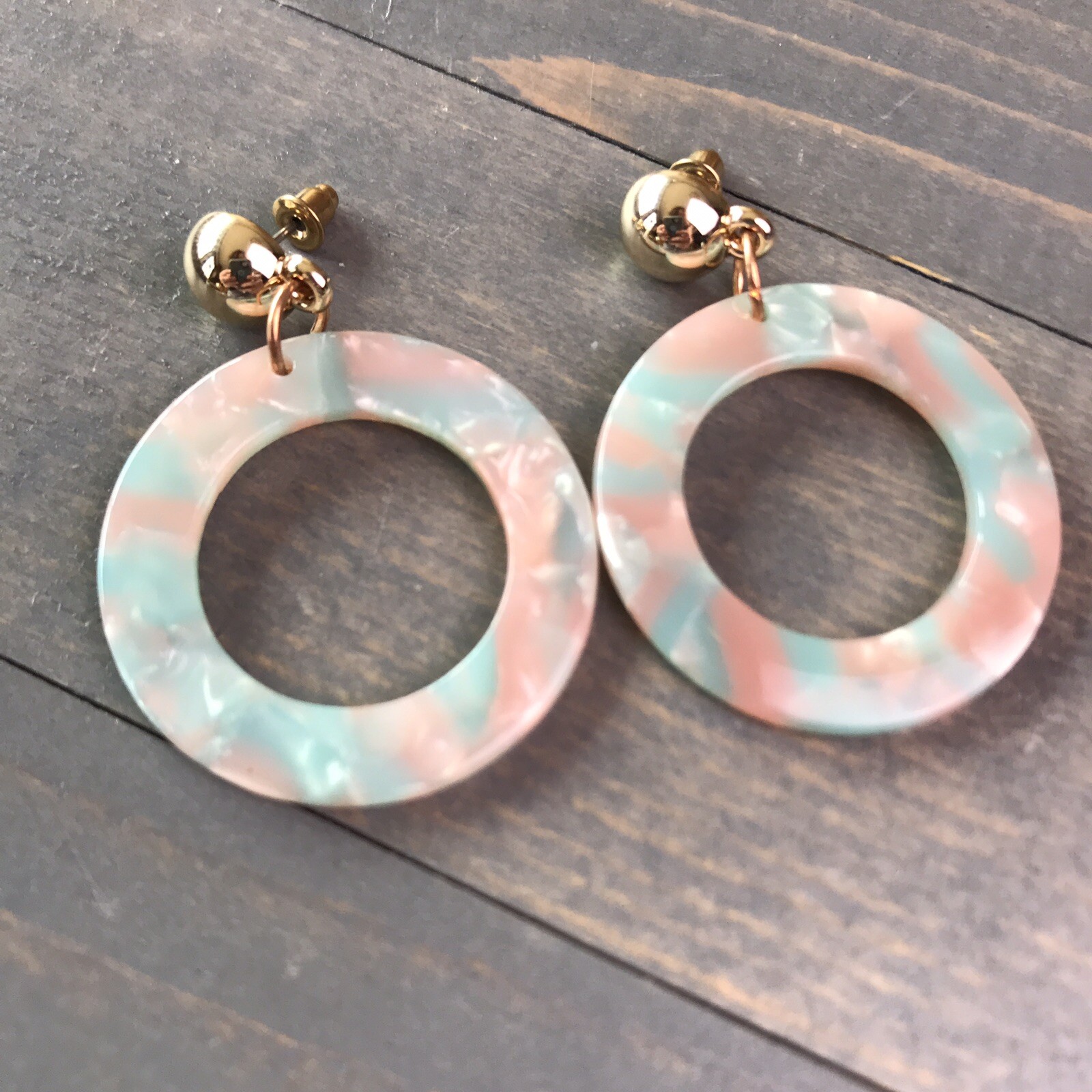 Pink Teal plastic disc earrings dangle circle With Extra Backs marbled pattern
