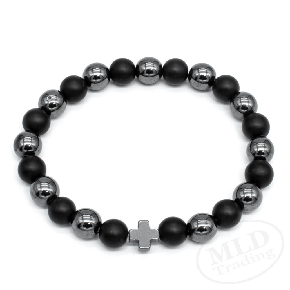 Black Hematite & Natural Stone Beads Cross Bracelet, Elastic Cord, 7 Inches