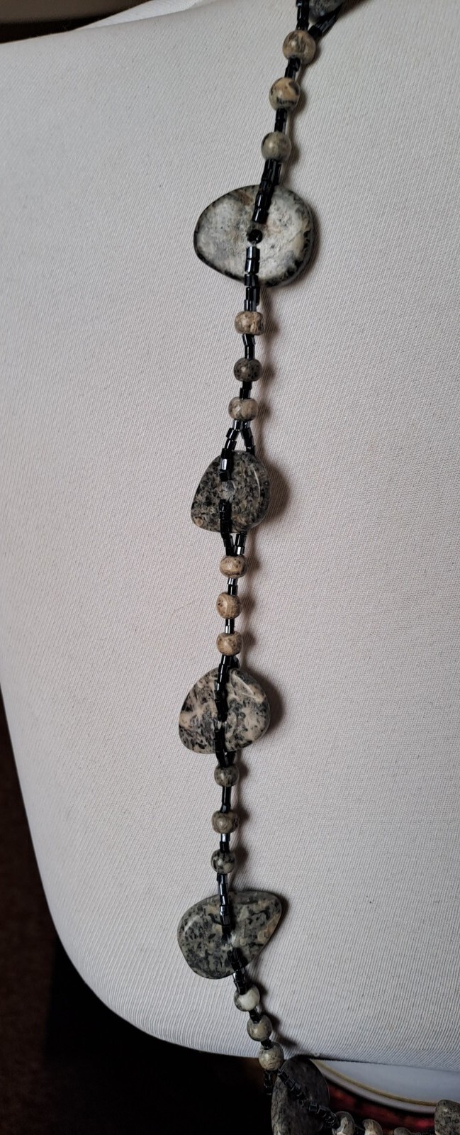 Healing VINTAGE Long Necklace Picasso Stone (Marble)/Seed Bead Lobster Clasp.