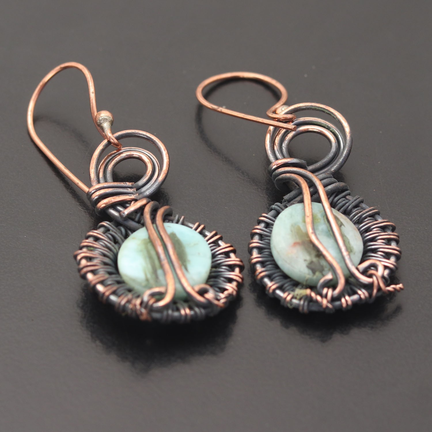 Amazonite Gemstone Copper Wire Wrapped Handmade Earring Jewelry Gift For Wife