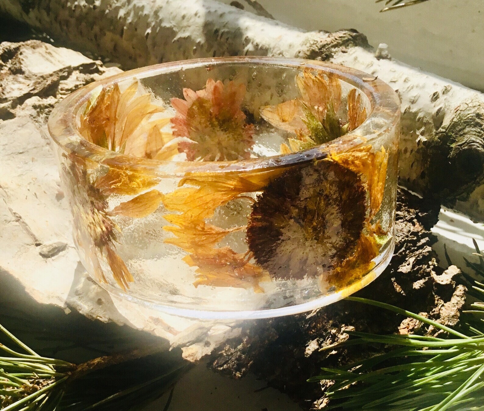 Sunflowers bracelet, real dry pressed flowers bangle bracelet, resin bangles