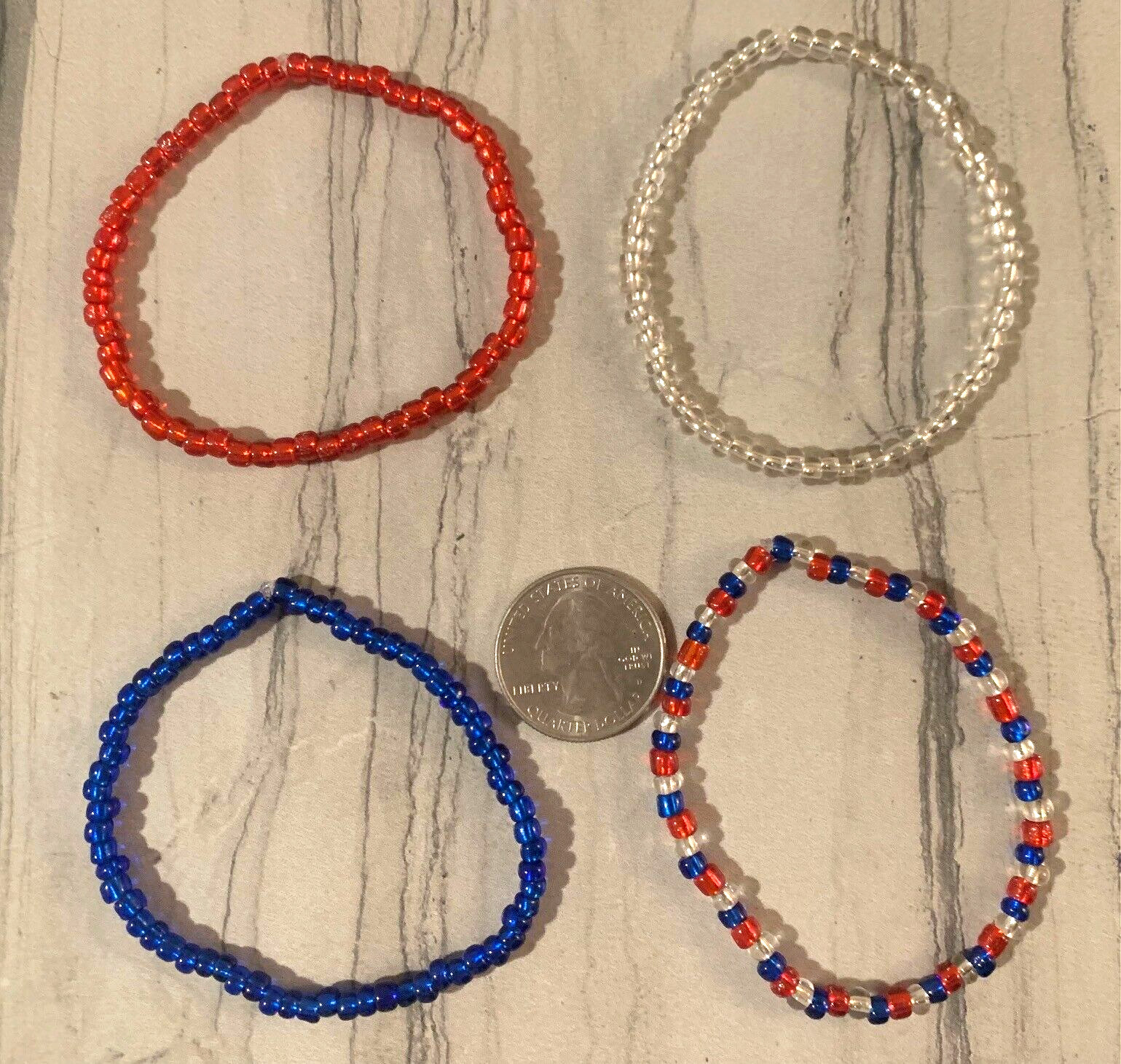 4th of July Patriotic Glass Seed Bead Stretch Bracelet Set of 4 Red White & Blue
