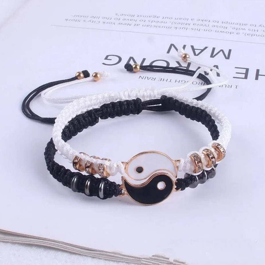 2 pcs Couple Yin Yang Bracelet Set Black White Adjustable Rope Chain Jewelry