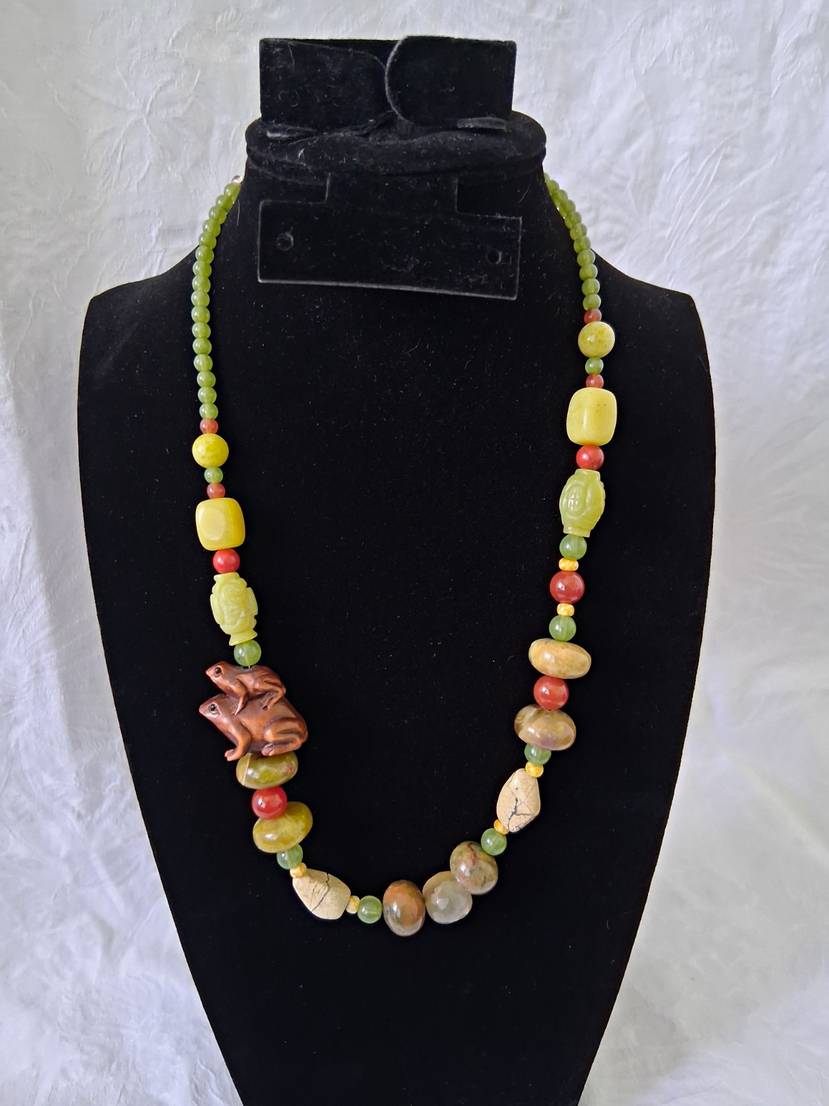 Jasper Stones, Red Carnelian Beaded Necklace With Frog Carved Animal Charm 9in