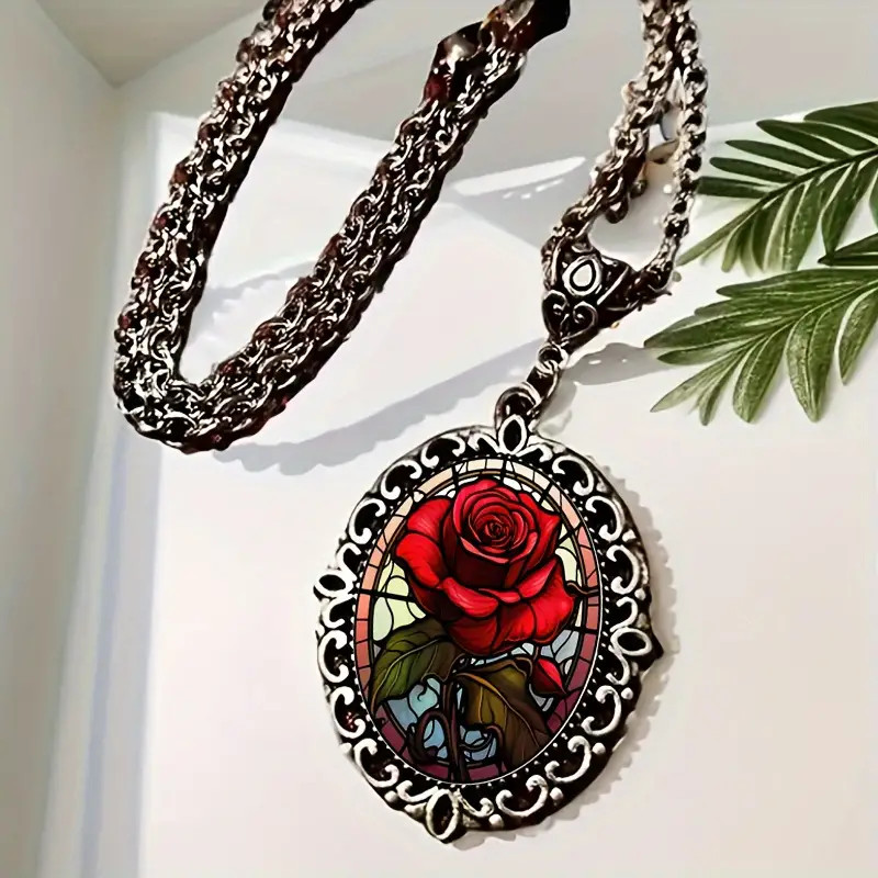 Flower Rose Gothic Silver Jewelry Love Vintage Look Oval Pendant Necklace