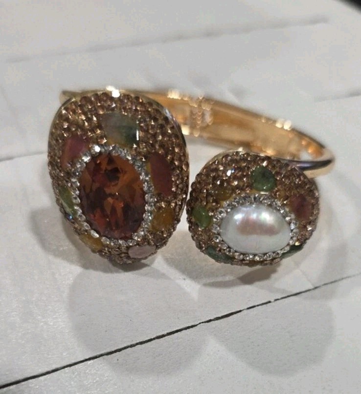 Gold Tone Stackable Cuff Bangle Bracelet w/ White Oval Pearl & Amber Color Stone
