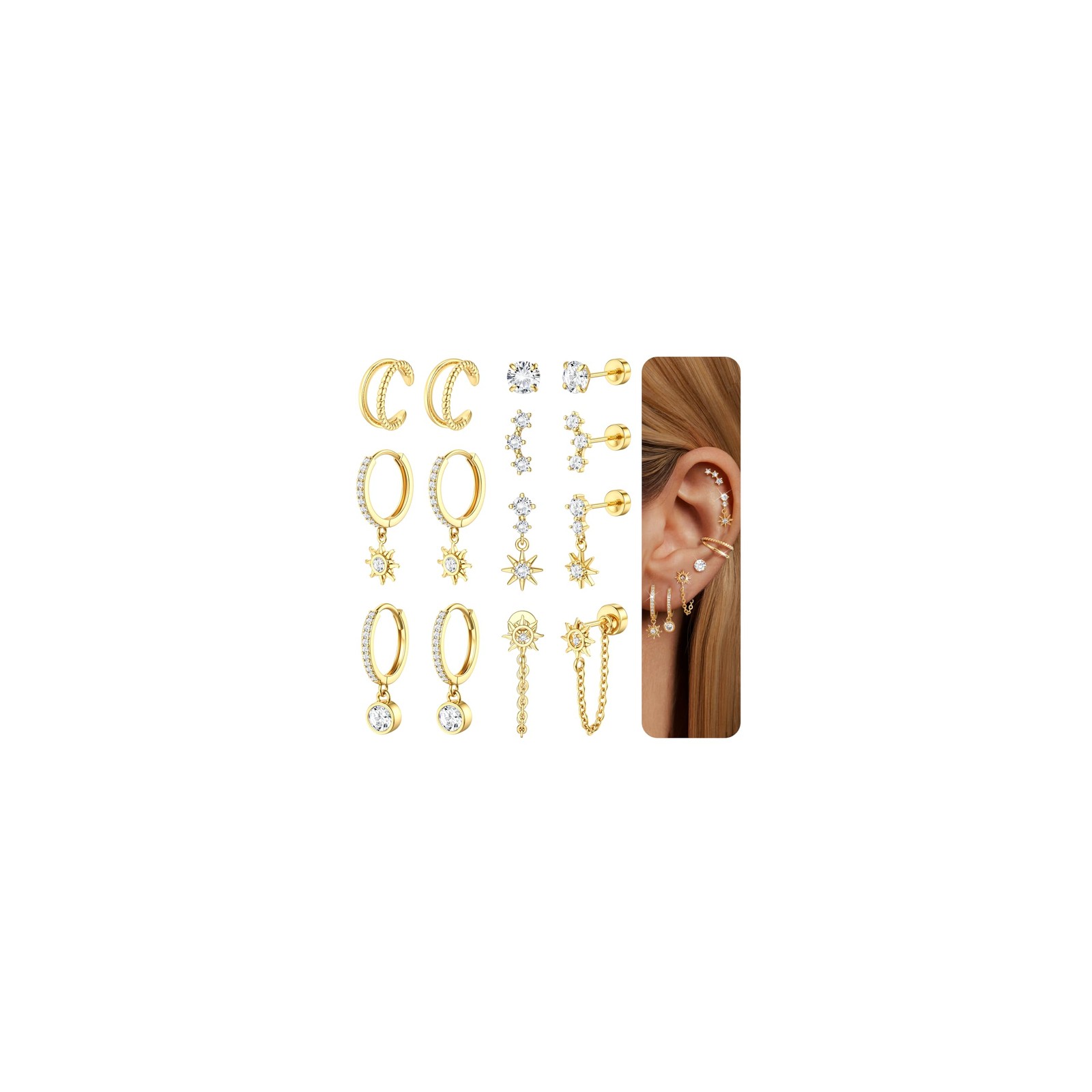 Dochais Flat Back Cartilage Earrings for Women Trendy Dainty CZ Flatback Gold