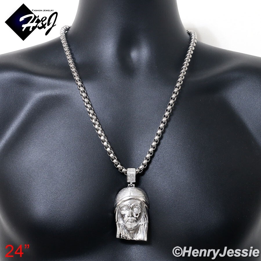 24″MEN Stainless Steel 7mm Silver Box Link Chain BIG ICY CZ Jesus Pendant*IP143