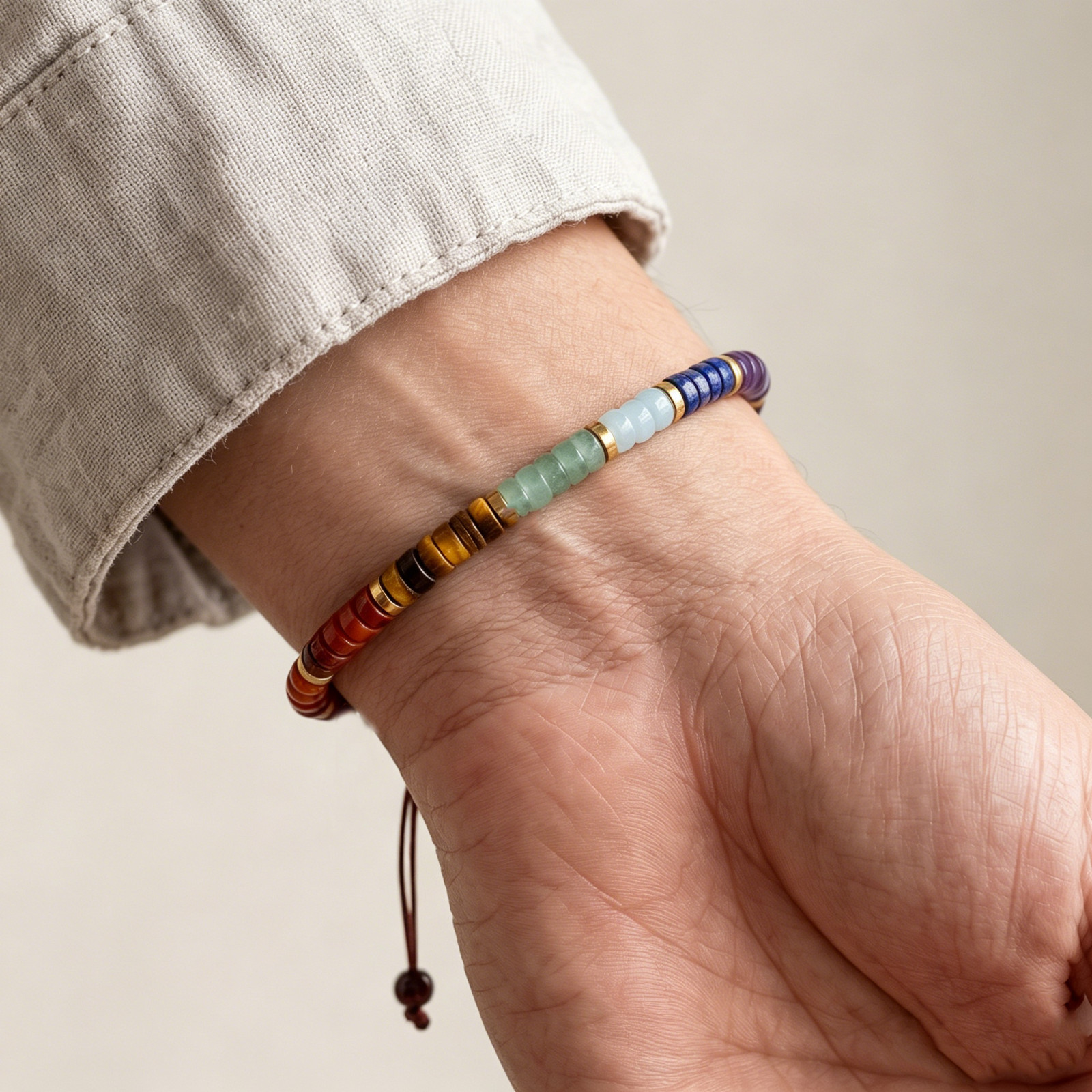 Multicolor Gemstone Heishi Bracelet Adjustable Macrame 7 Chakra Healing Boho