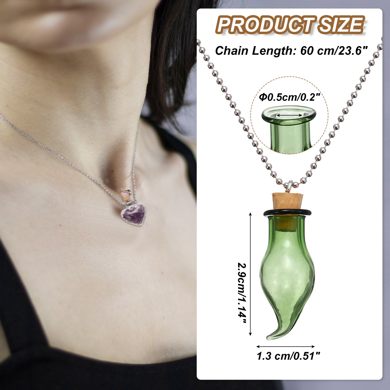 29mm Vial Necklace with Cork Stoppers Black Velvet Bag, Candle Shaped, Green