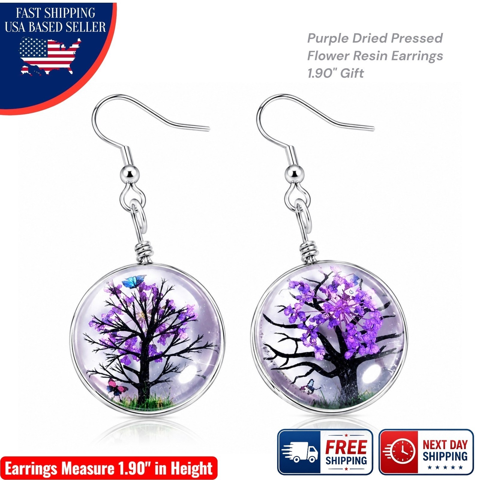 Purple Dried Pressed Real Flower Resin Earrings Botanical Tree Nature Boho 1.90″