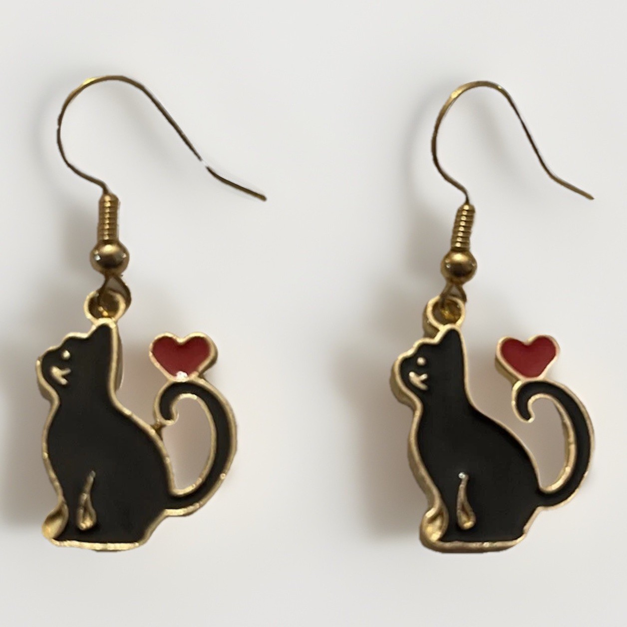 NEW Black Cat Pierced Earring Red Heart On Tail .75” Gold Tone Enamel Dangle