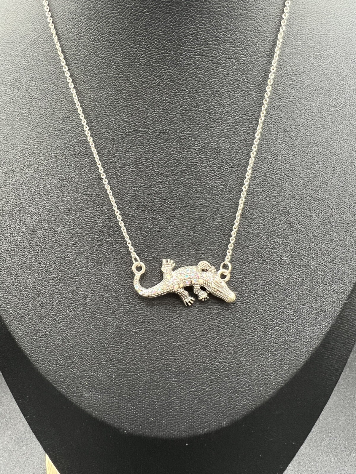 Adult Jewels Silver Tone Necklace Rhinestone Alligator Pendant 15-18”