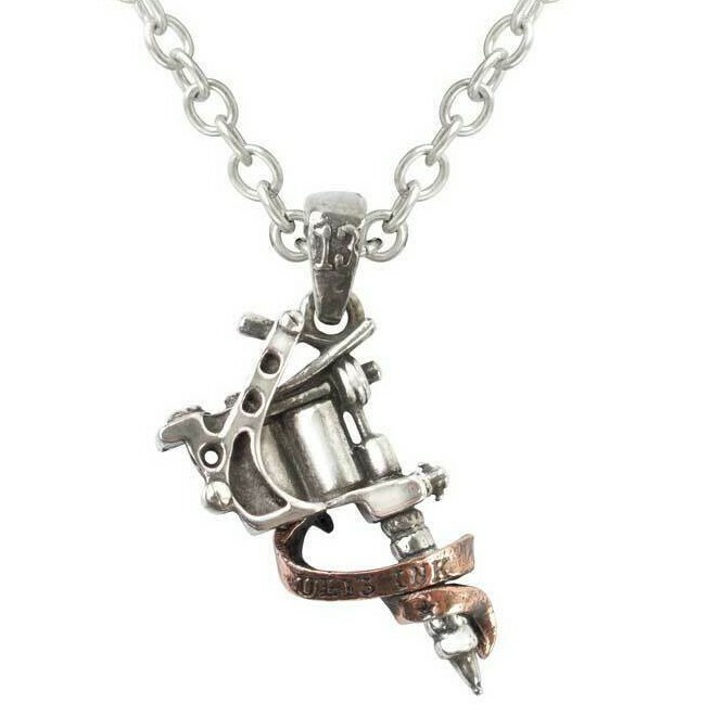 Alchemy Gothic Tattoo Gun Machine Pendant Multi Tone Pewter Copper Necklace ULP9