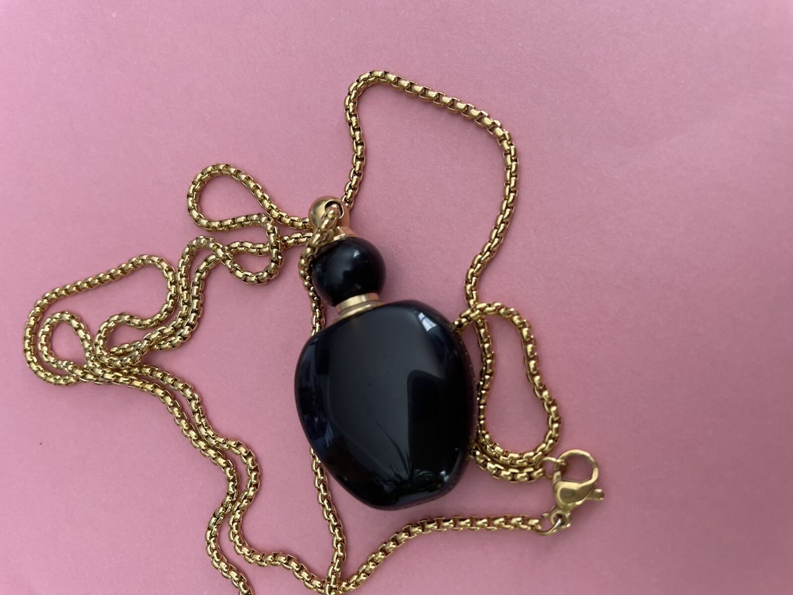 Black Obsidian Gemstone Perfume Bottle Essential Oil Necklace Pendant Gold Chain