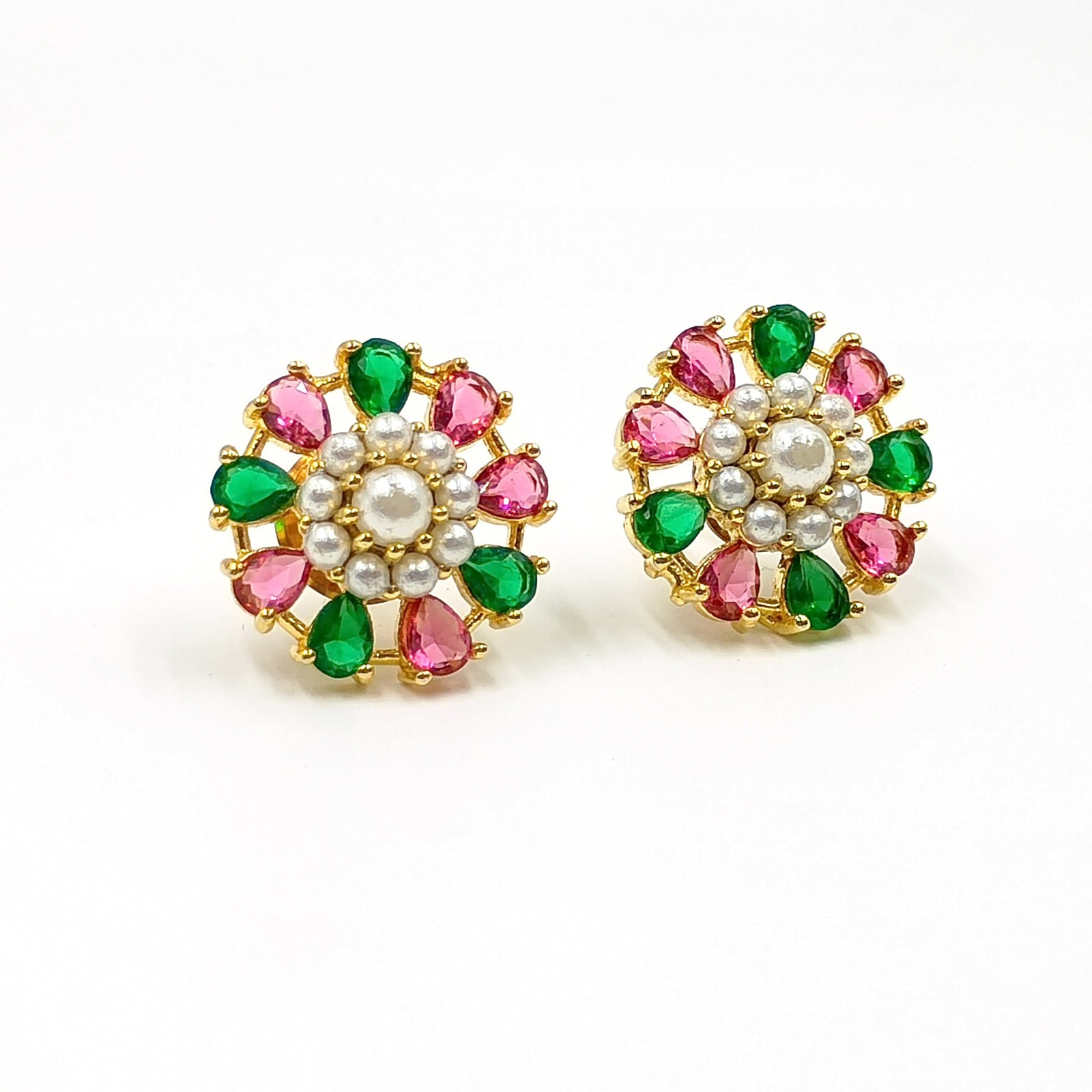 Ruby Emerald Pearl Stud Earrings 22k Gold Plated Traditional Handmade Earrings