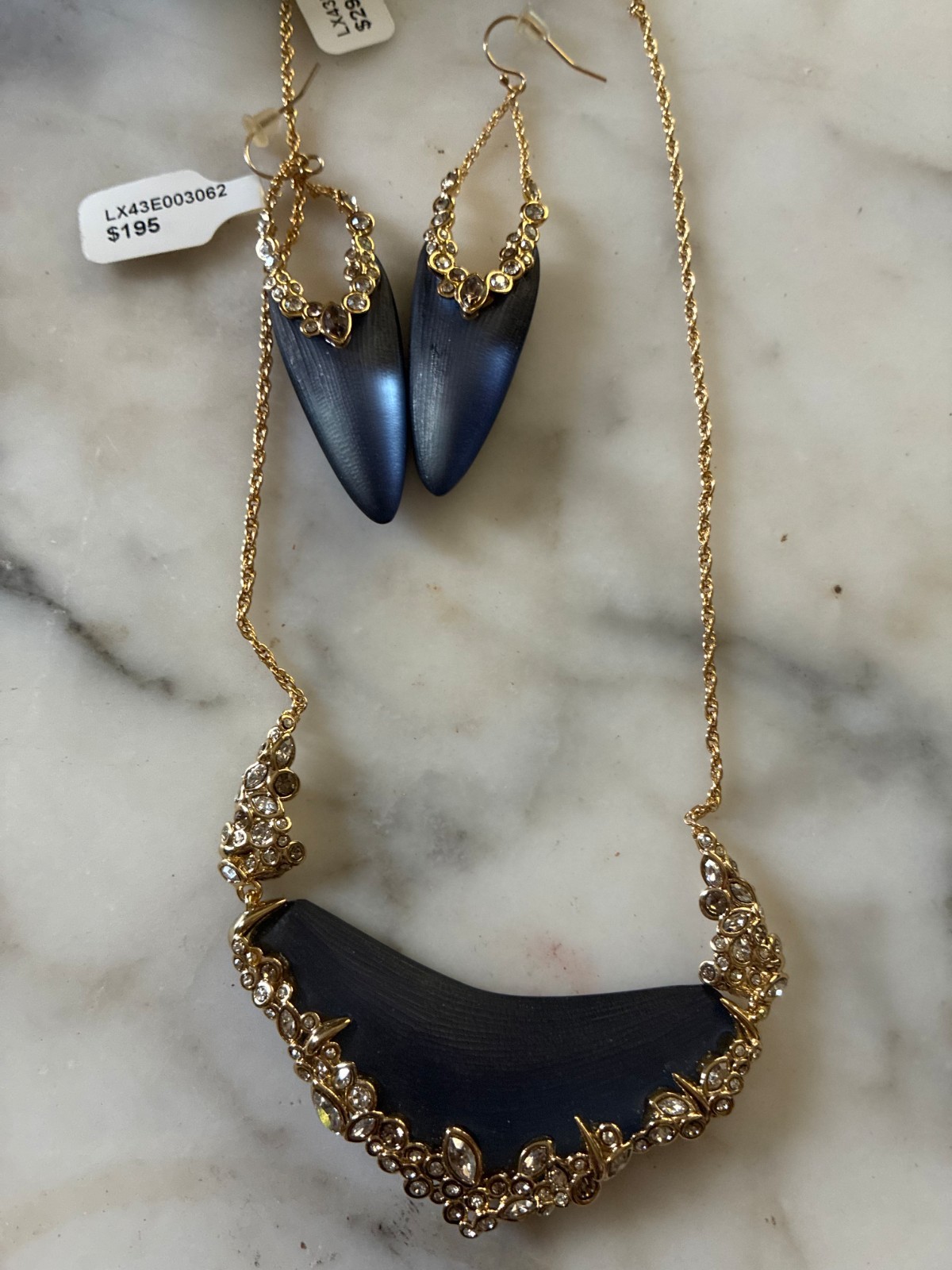 Alexis Bittar signed lucite sea blue crystal lace necklace earrings set new tags