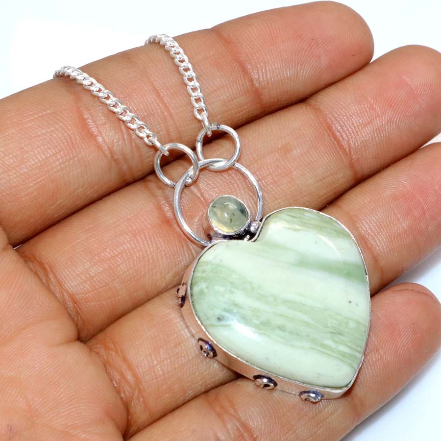 925 Silver Plated Heart Larsonite Prehnite Necklace 19″ Party Theme Jewelry GW