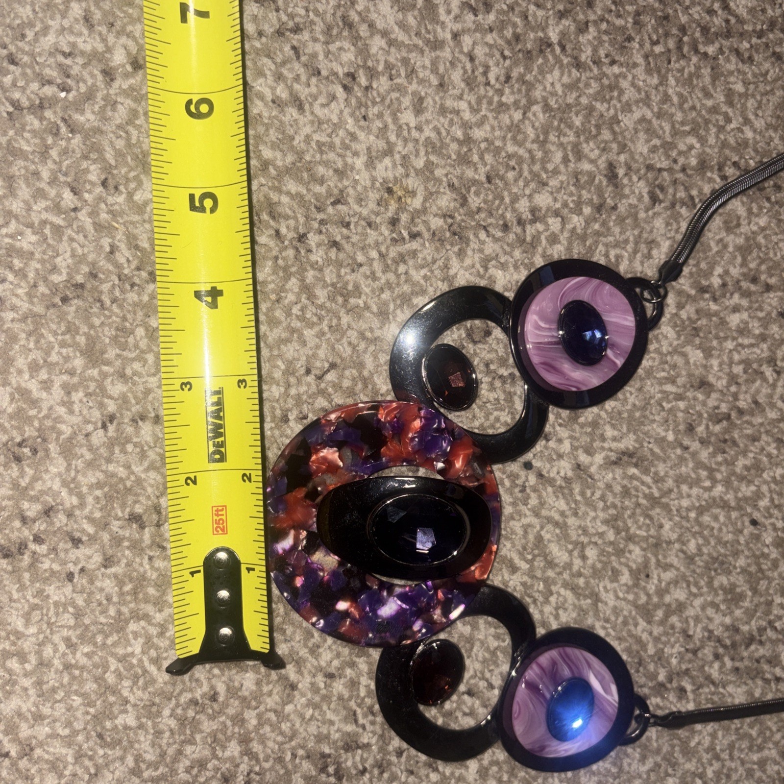 Chunky Purple Resin Statement Necklace- Marbled Geometric Bib Choker Silver Tone