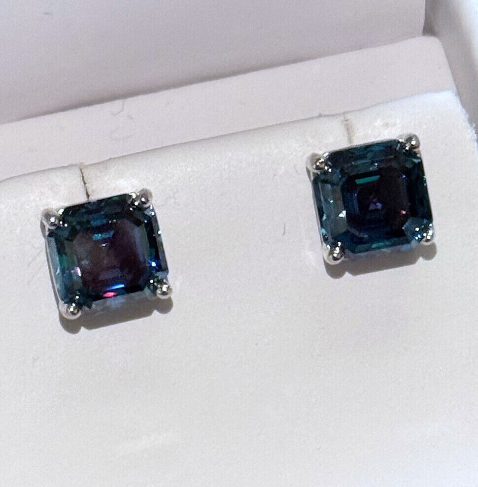 Dark Blue Asscher Cut Moissanite Stud Earrings Certified VVS1 – 925 Silver