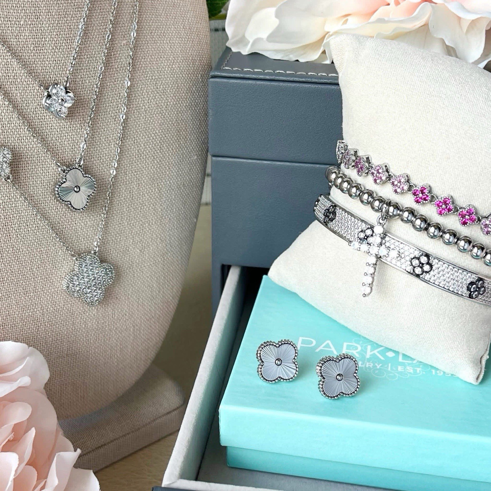 Park Lane PEONY Pink Ombré Micro CZ Quatrefoils 5mm Silver Tennis Bracelet