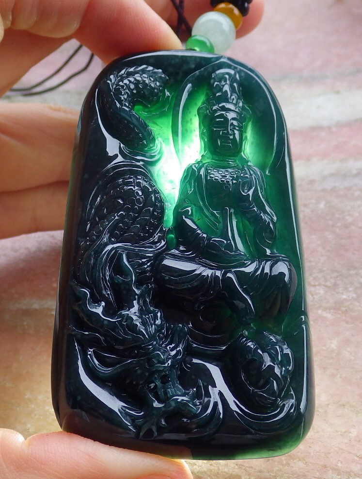 Certified Green Natural A Jade jadeite Pendant Guanyin Kwan yin Dragon 观音 918437