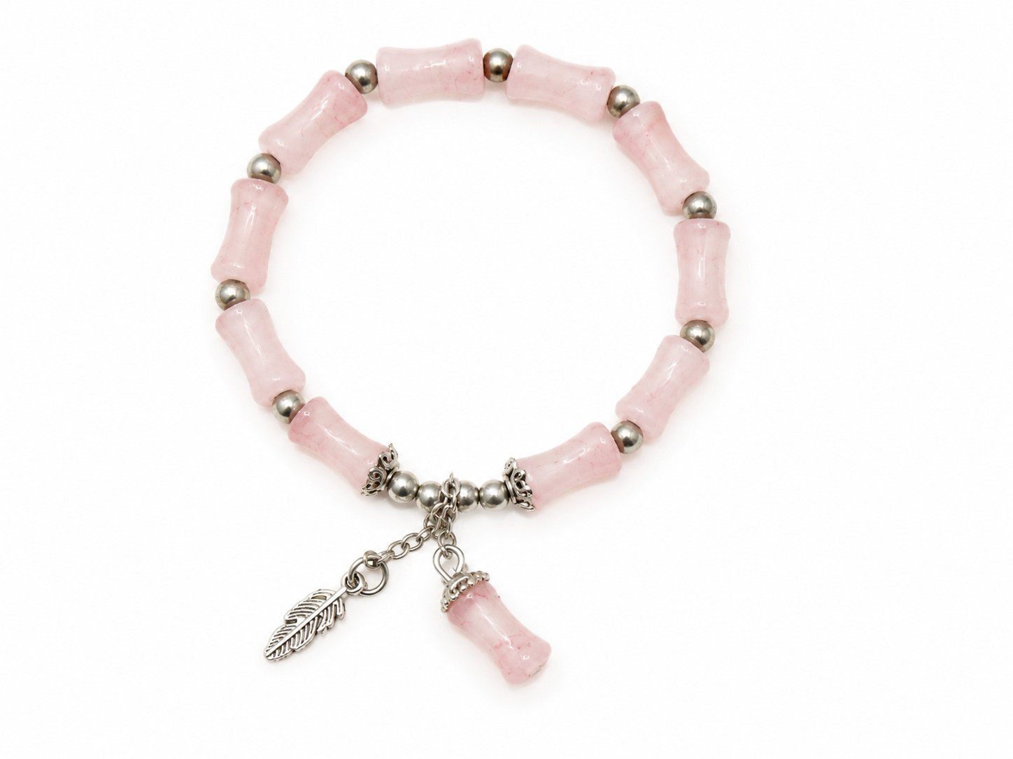 Pink Bamboo Bead Stretch Bracelet with Silver Feather Charm Gift for Her