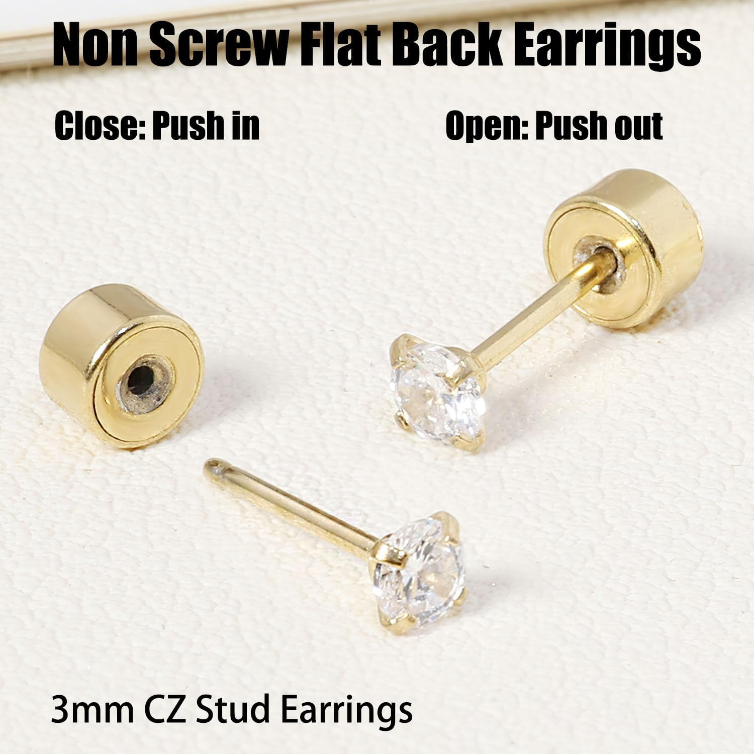 Threadless Flat Back Earrings, Hypoallergenic 14K Real Gold Plated CZ Stud Earri