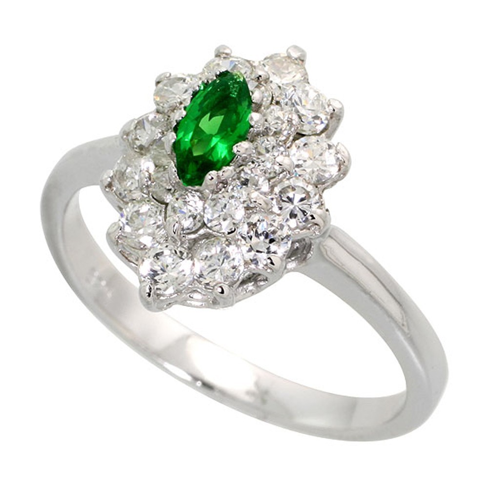 925 Sterling Silver Navette CZ Rhodium Finish Ring in Various Colors, Sizes 5-9
