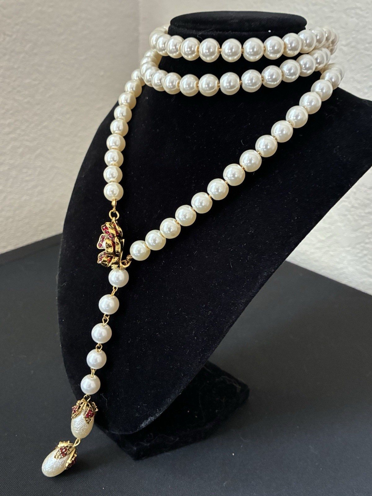 Statement Beaded Lariat Necklace Simulated Pearl Pavé Rhinestone Flower Pink